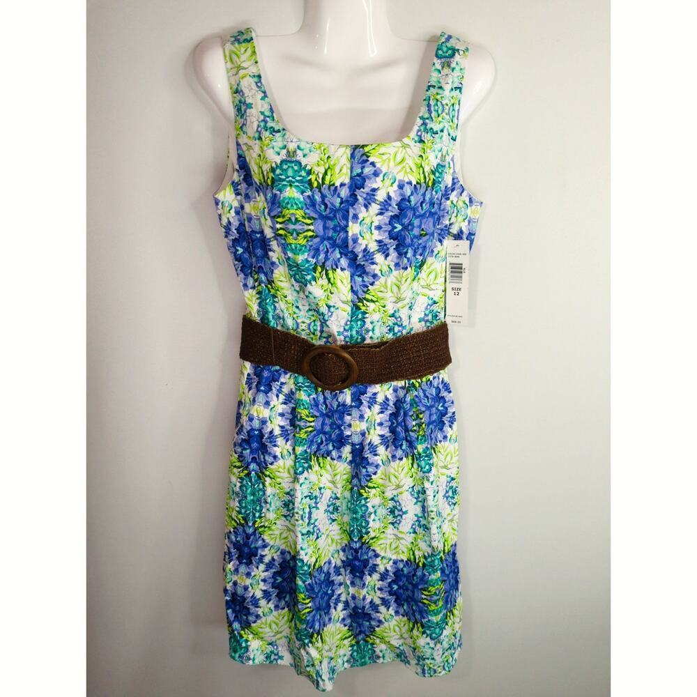 Tiana B. Green & Blue Floral Belted Dress Women's Sz. 12 Bohemian Priarie